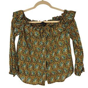 J.Crew 4 S Off-Shoulder Elephant Print Blouse Long Sleeve Green Yellow Artsy